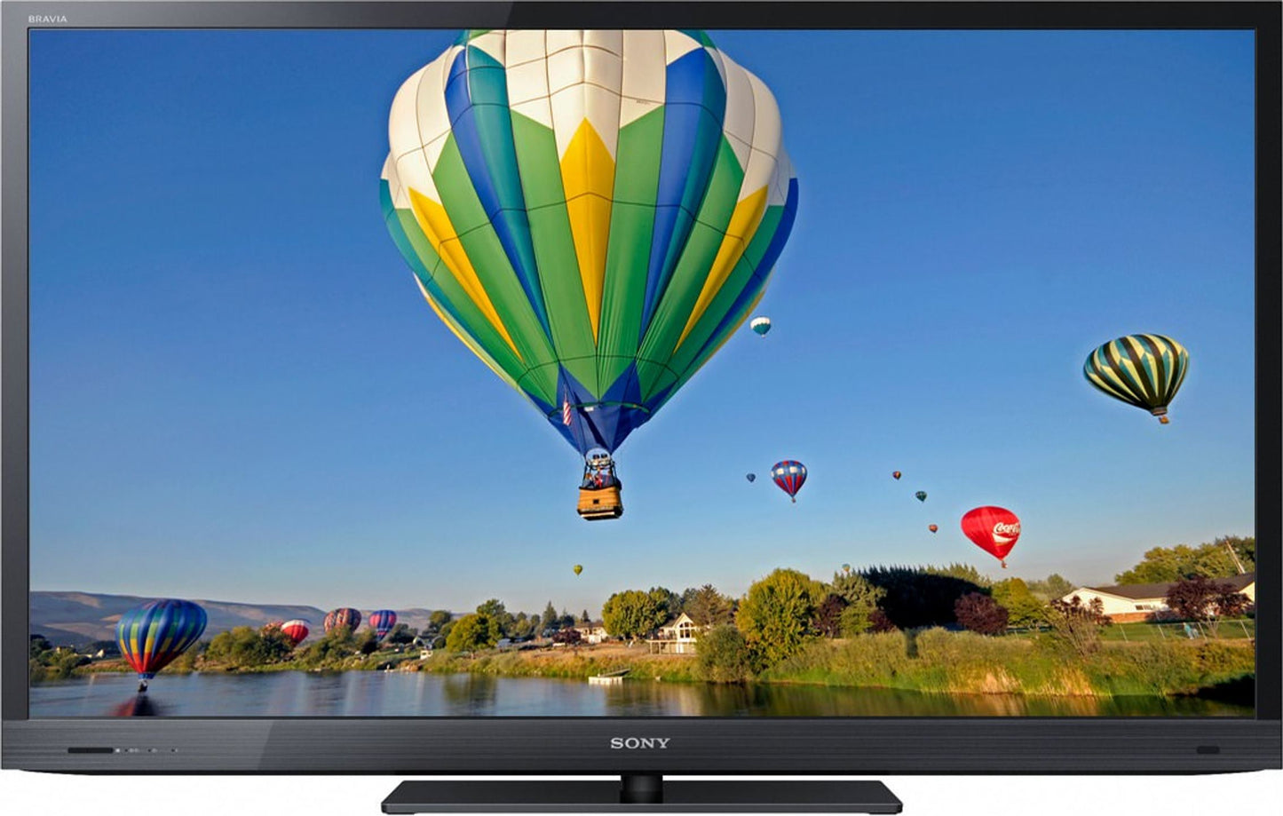 Sony TV displaying an image of hot air balloons in a blue sky.