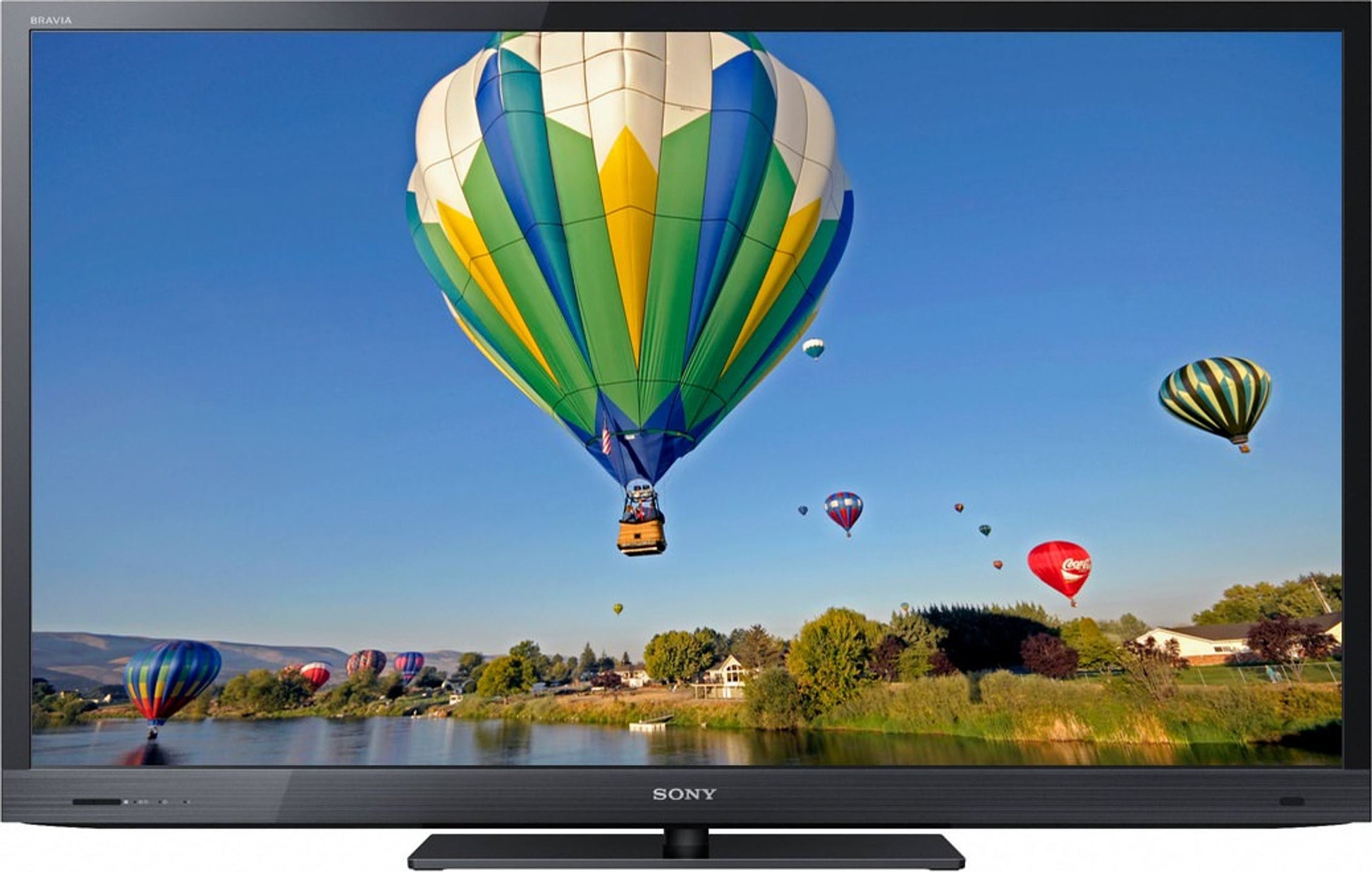 Sony TV displaying an image of hot air balloons in a blue sky.