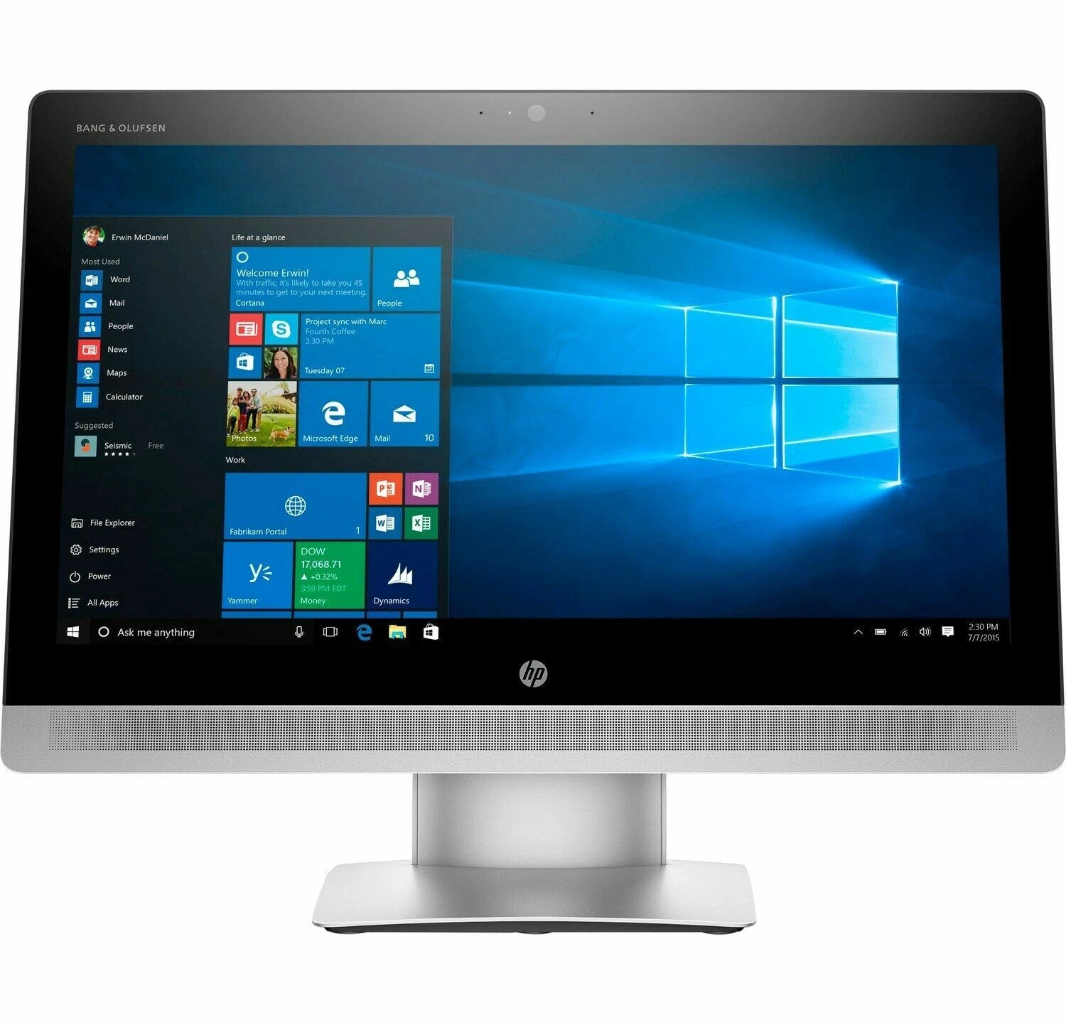 HP all-in-one computer monitor with Windows operating system on the screen